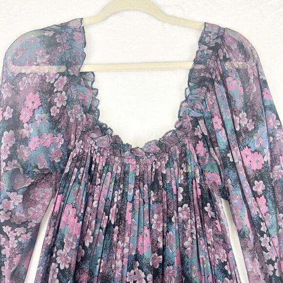 Vintage Union Made Pleated Midi Dress Size 4 Dark Floral Purple Fairy 70s 80s - Picture 10 of 12